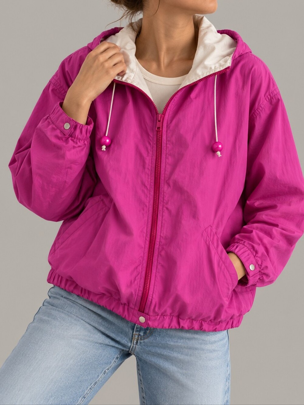 Vintage L.L. Bean Pink Hooded Windbreaker Jacket Made In USA Womens Size Large